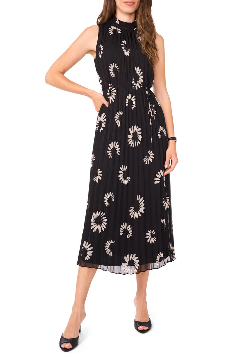 Halogen<sup>®</sup> Daisy Print Sleeveless Pleated Maxi Dress, Main, color, Rich Black