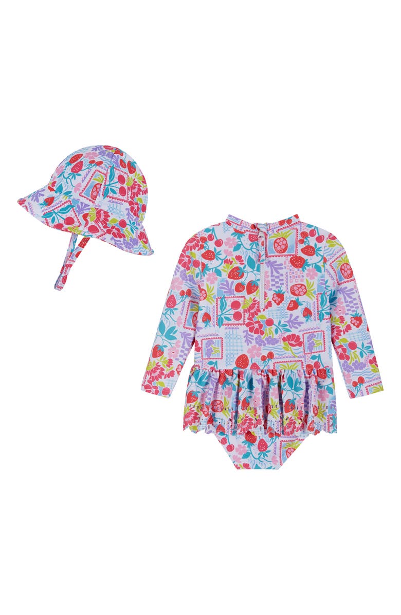 Andy & Evan Fruit Print Skirted One-Piece Rashguard & Hat Set, Alternate, color, White Fruit