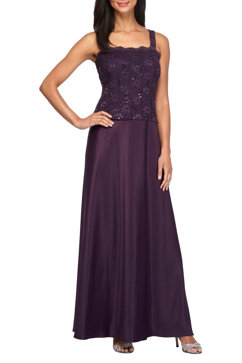 Sequin Lace & Satin Gown with Jacket, Alternate, color, EGGPLANT