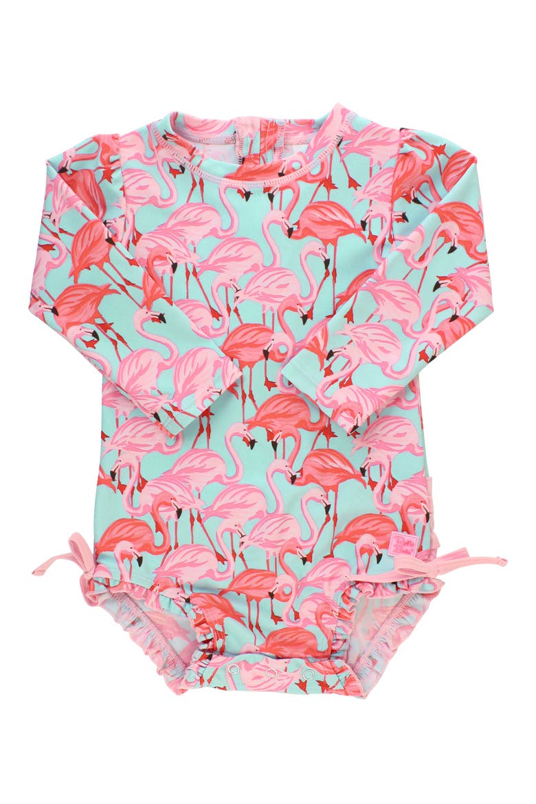 Flamingo One-Piece Rashghuard Swimsuit & Hat Swim Set, Alternate, color, BLUE
