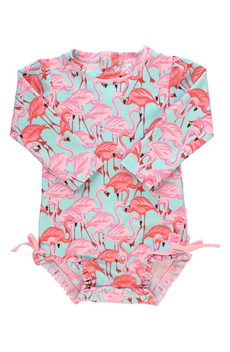 RuffleButts Flamingo One-Piece Rashghuard Swimsuit & Hat Swim Set, Alternate, color, 