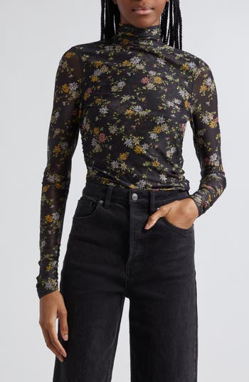 Cinq À Sept Floating Daisies Shirred Mesh Mock Neck Top In Black Multi