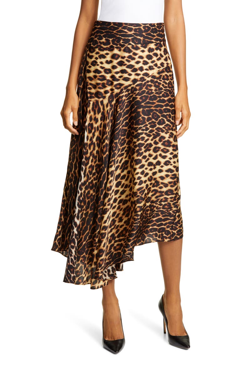 Lev Leopard Print Asymmetrical Stretch Silk Midi Skirt, Main, color, BROWN MULTI