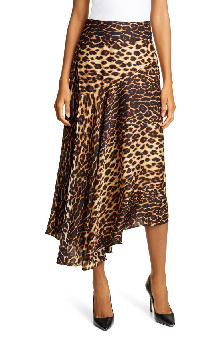 A.L.C. Lev Leopard Print Asymmetrical Stretch Silk Midi Skirt, Main, color, 