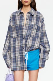 LIONESS Clarity Plaid Cotton Flannel Button-Up Shirt