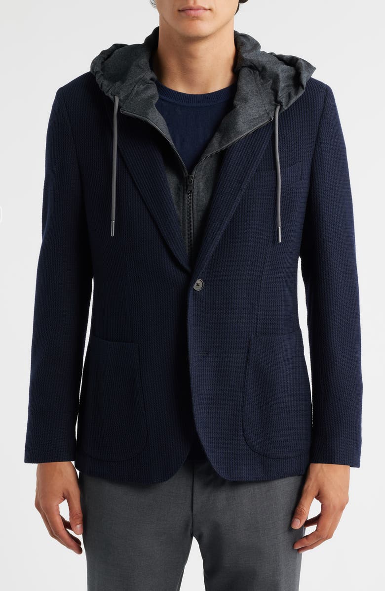 Jack Victor Wolsey Navy Rib Knit Wool Sport Coat with Removable Hooded Bib, Alternate, color, Navy