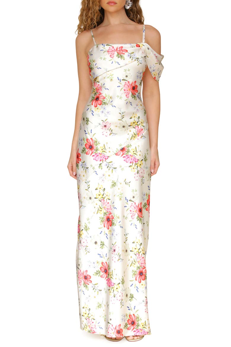 Floral Print Asymmetric Satin Maxi Dress, Main, color, CREAM FLOWER PRESS