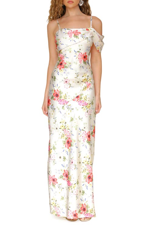 Floral Print Asymmetric Satin Maxi Dress