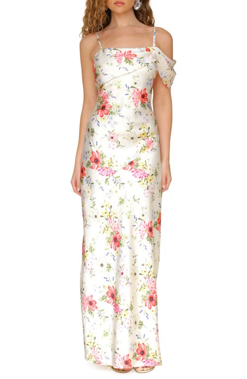 Shop Avec Les Filles Floral Print Asymmetric Satin Maxi Dress In Cream Flower Press