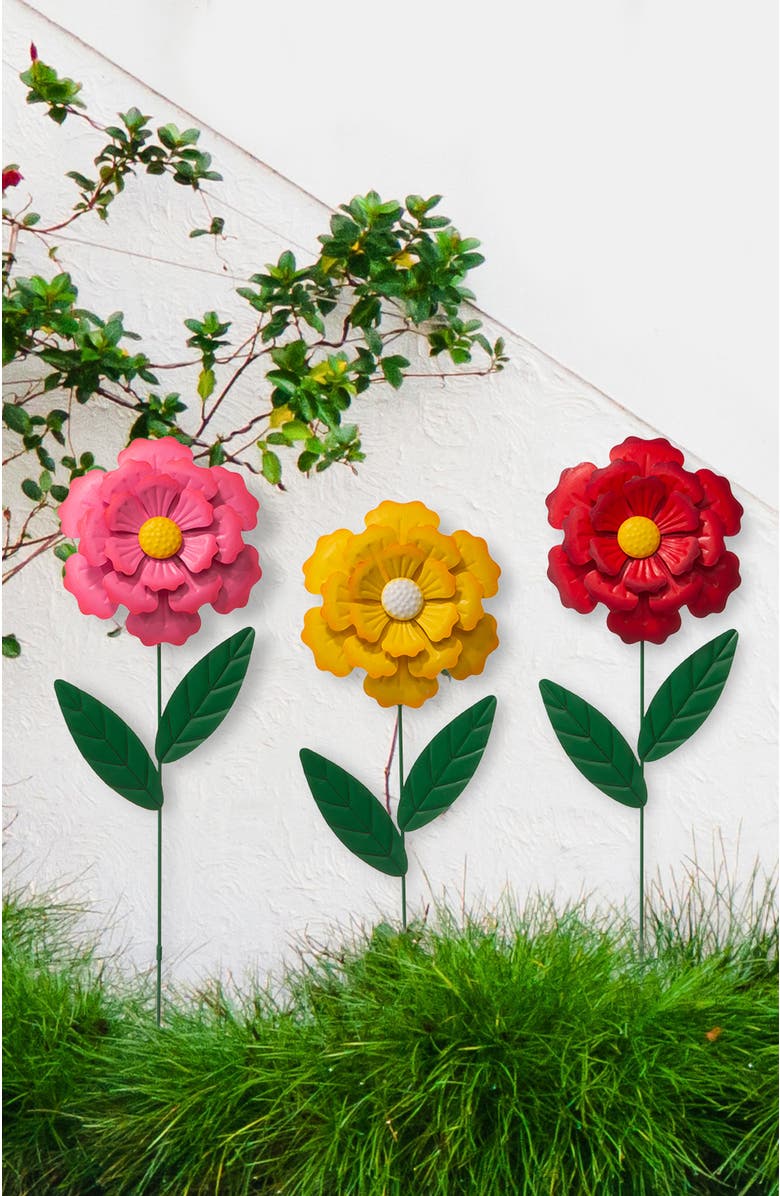 Glitzhome 39.5"H Set of 3 Metal Dimensional Flowers Yardstake, Alternate, color, Red