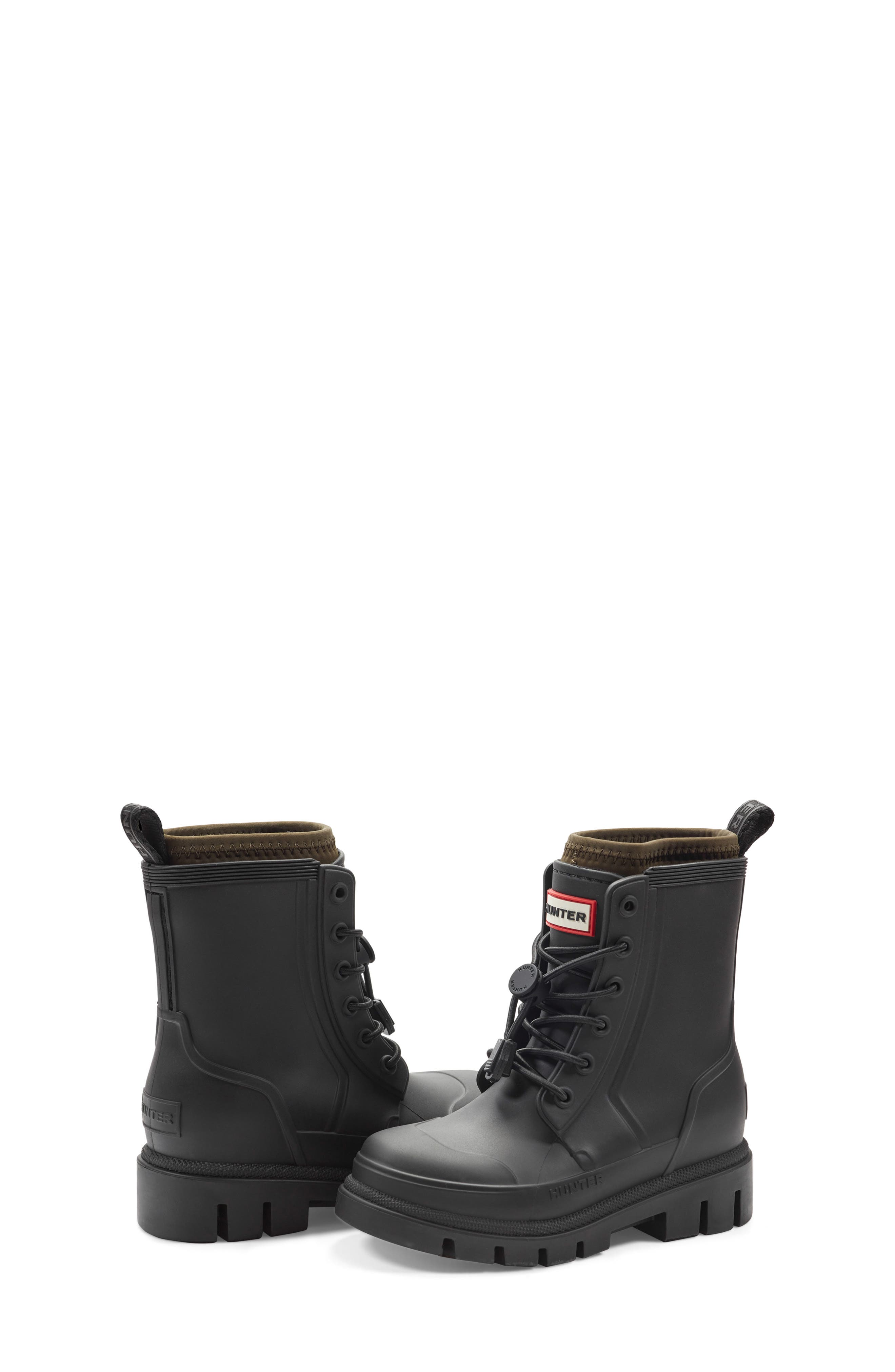 Hunter Kids' Stamp Waterproof Lace-Up Rain Boot, Alternate, color, Black 003