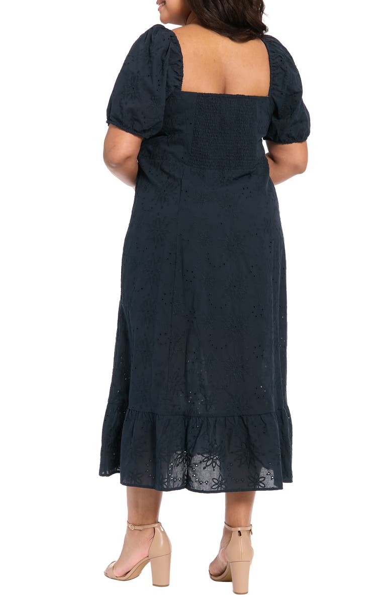 London Times Square Neck Smocked Eyelet Midi Dress, Alternate, color, Martm Navy