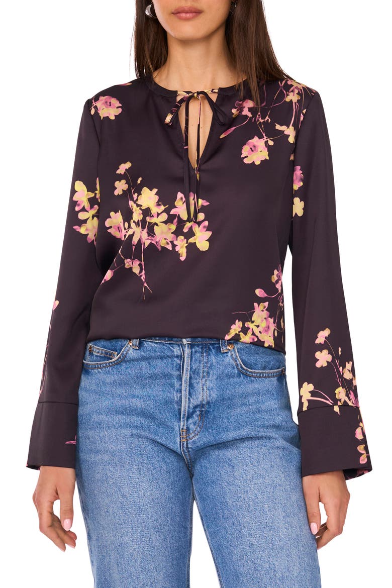 Floral Split Neck Top, Main, color, RICH BLACK