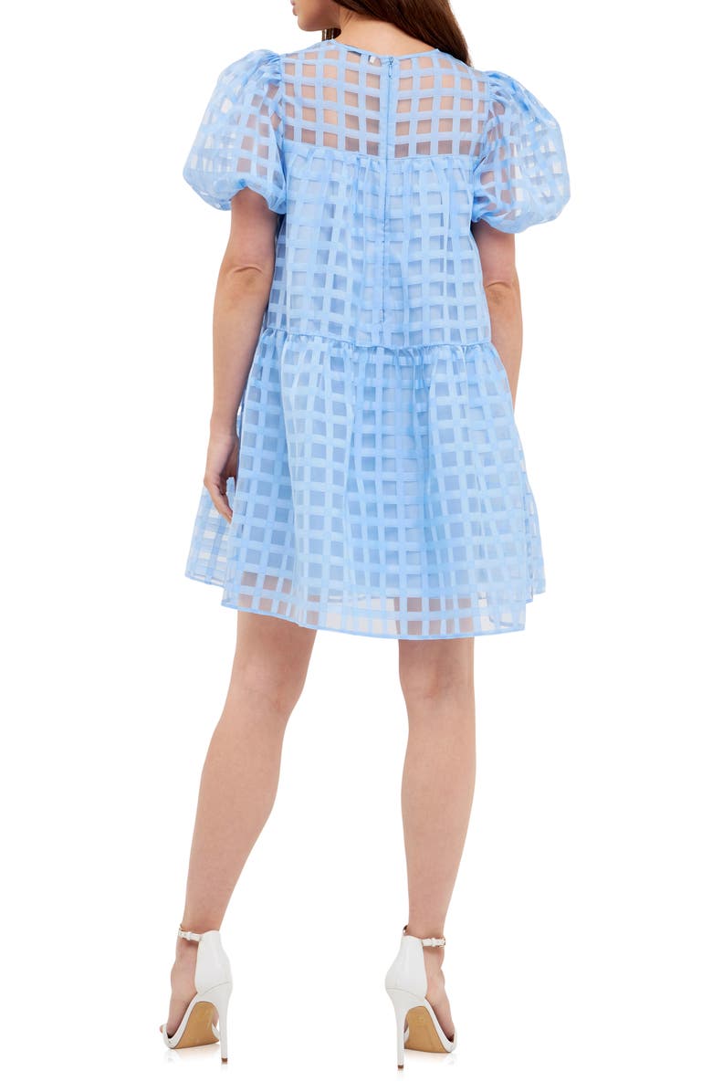 English Factory Gridded Puff Sleeve Dress, Alternate, color, Ocean Blue