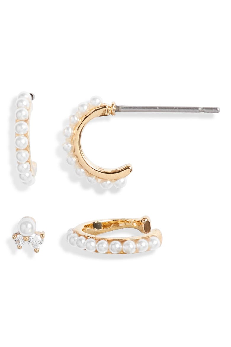 Imitation Pearl Hoop Earrings, Single Stud and Ear Cuff Set, Main, color, CLEAR- WHITE- GOLD