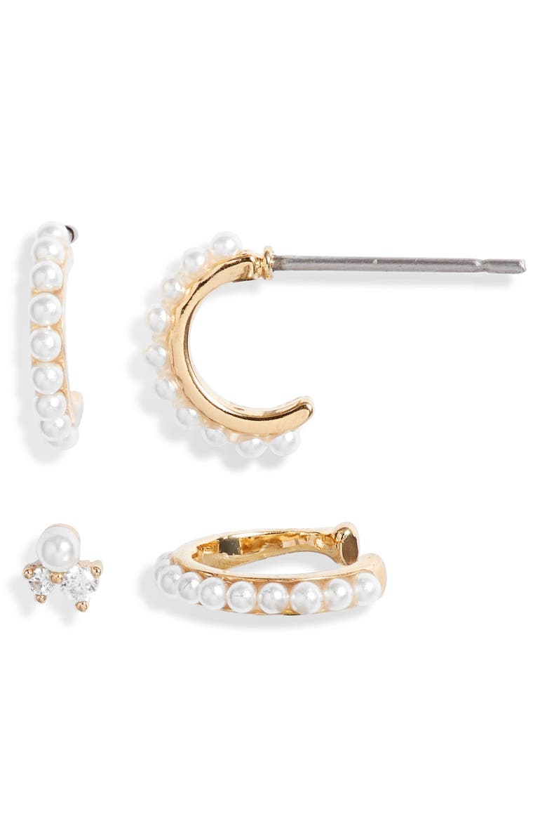 Nordstrom Imitation Pearl Hoop Earrings, Single Stud and Ear Cuff Set, Main, color,