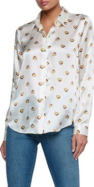 L'AGENCE Tyler Heart Print Silk Button-Up Shirt