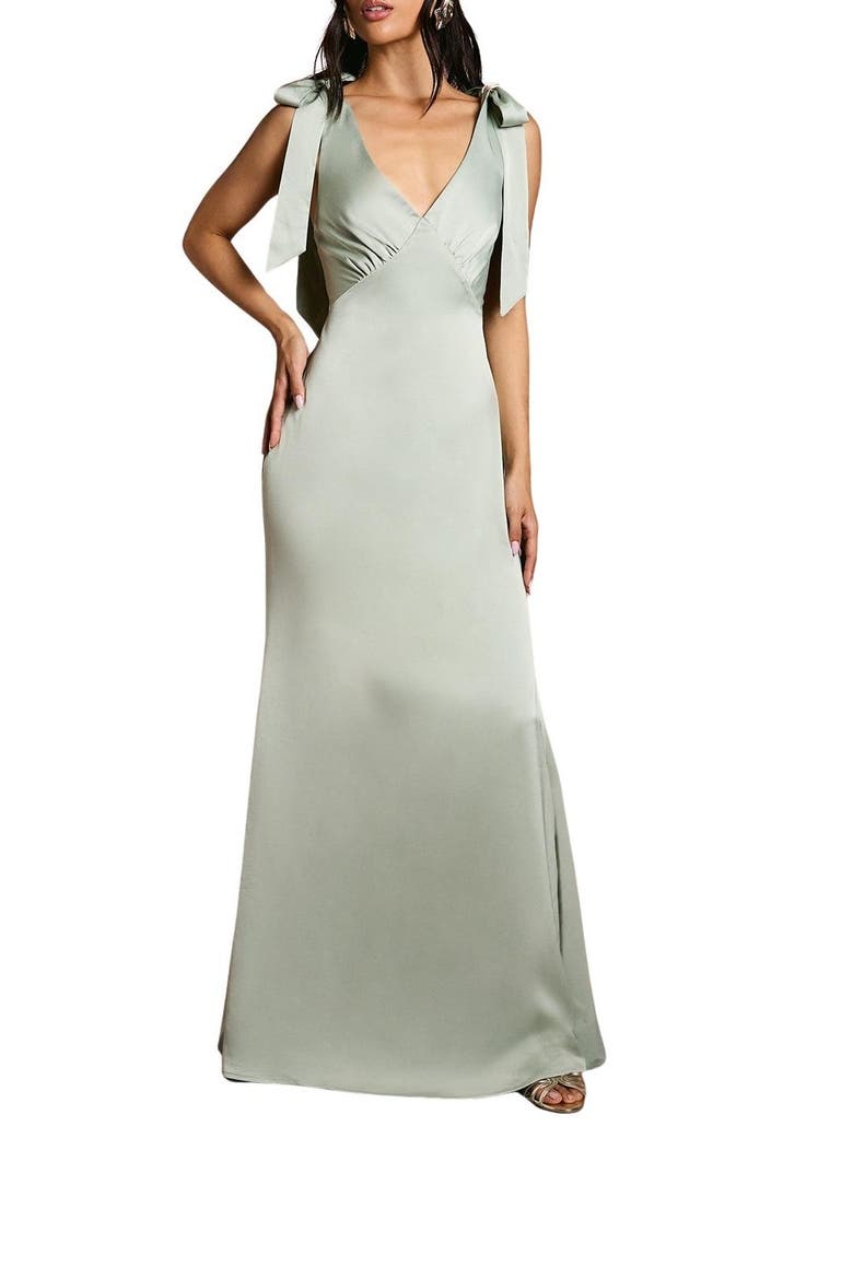 Petite Satin Back Maxi Bridesmaid Dress, Alternate, color, Sage