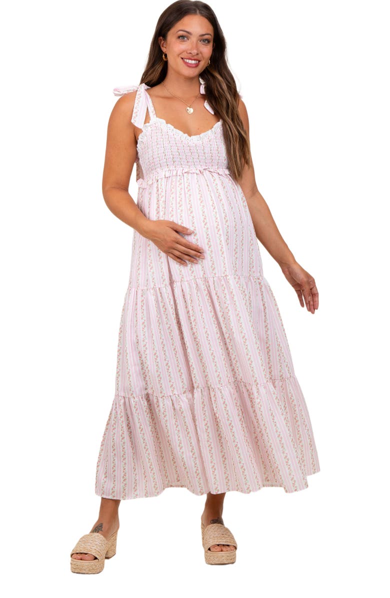 PinkBlush Floral Striped Smocked Shoulder Tie Maxi Dress, Main, color, Pink
