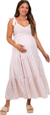 PinkBlush Floral Striped Smocked Shoulder Tie Maxi Dress