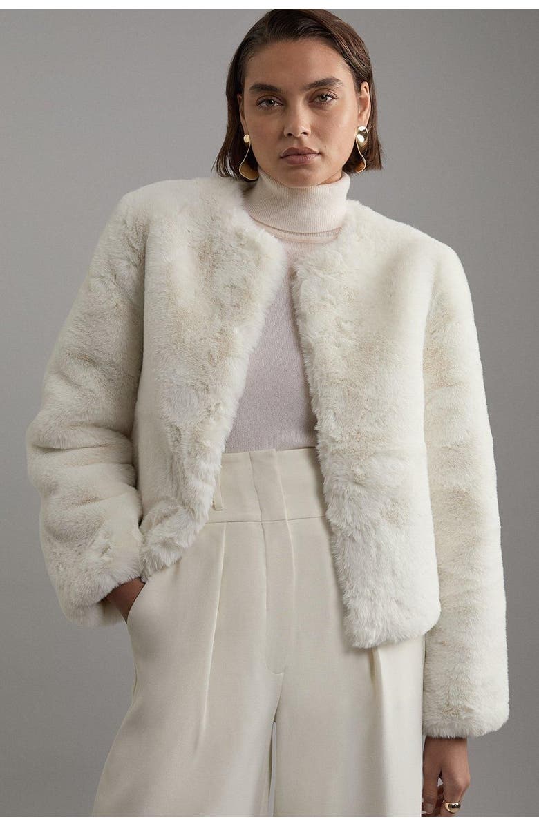 Karen Millen Collarless Faux Fur Jacket, Main, color, Ivory