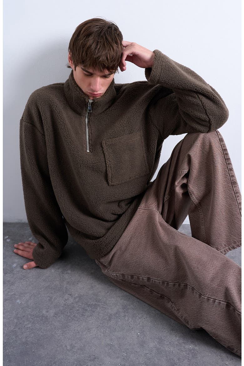 Quarter Zip High Pile Fleece Sweatshirt, Alternate, color, DARK BROWN