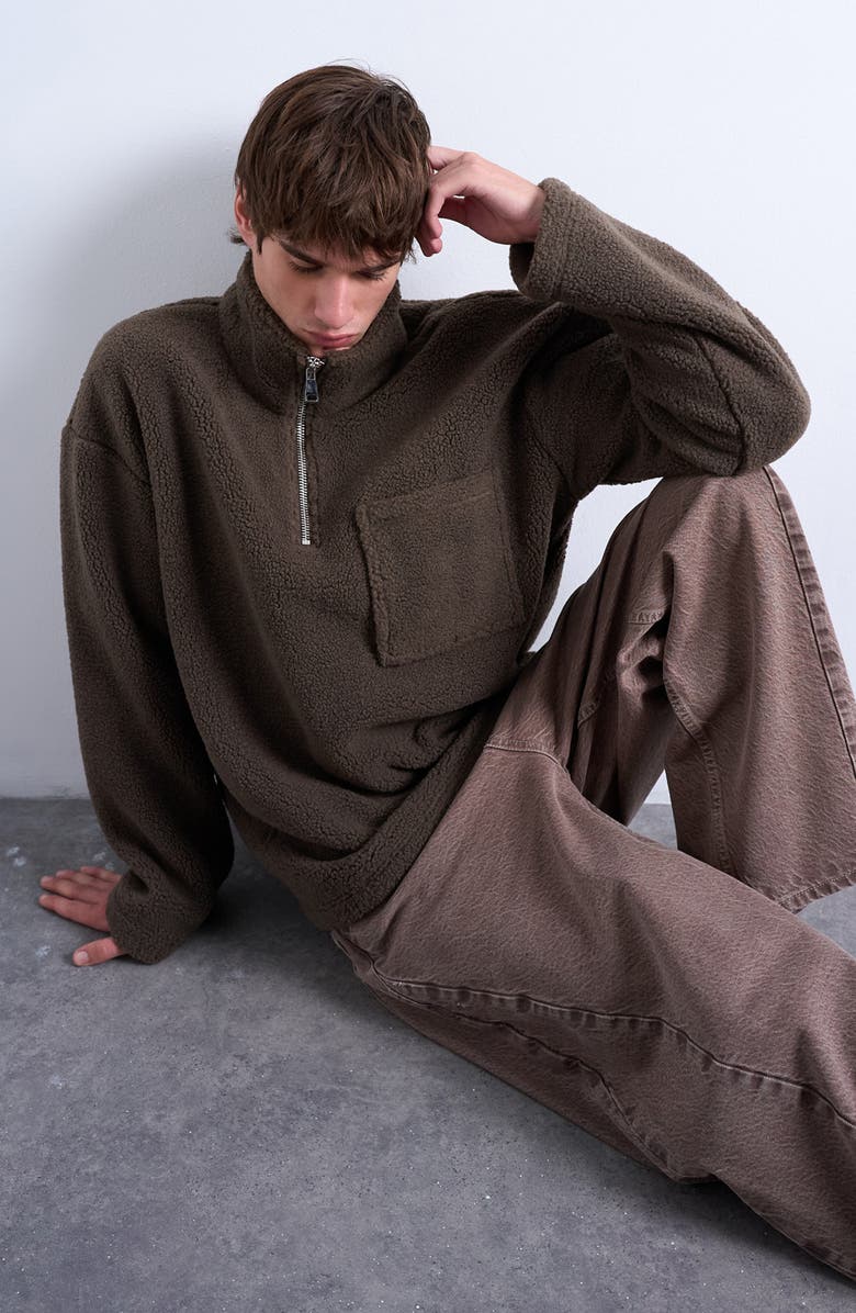 Topman Quarter Zip High Pile Fleece Sweatshirt, Alternate, color, Dark Brown