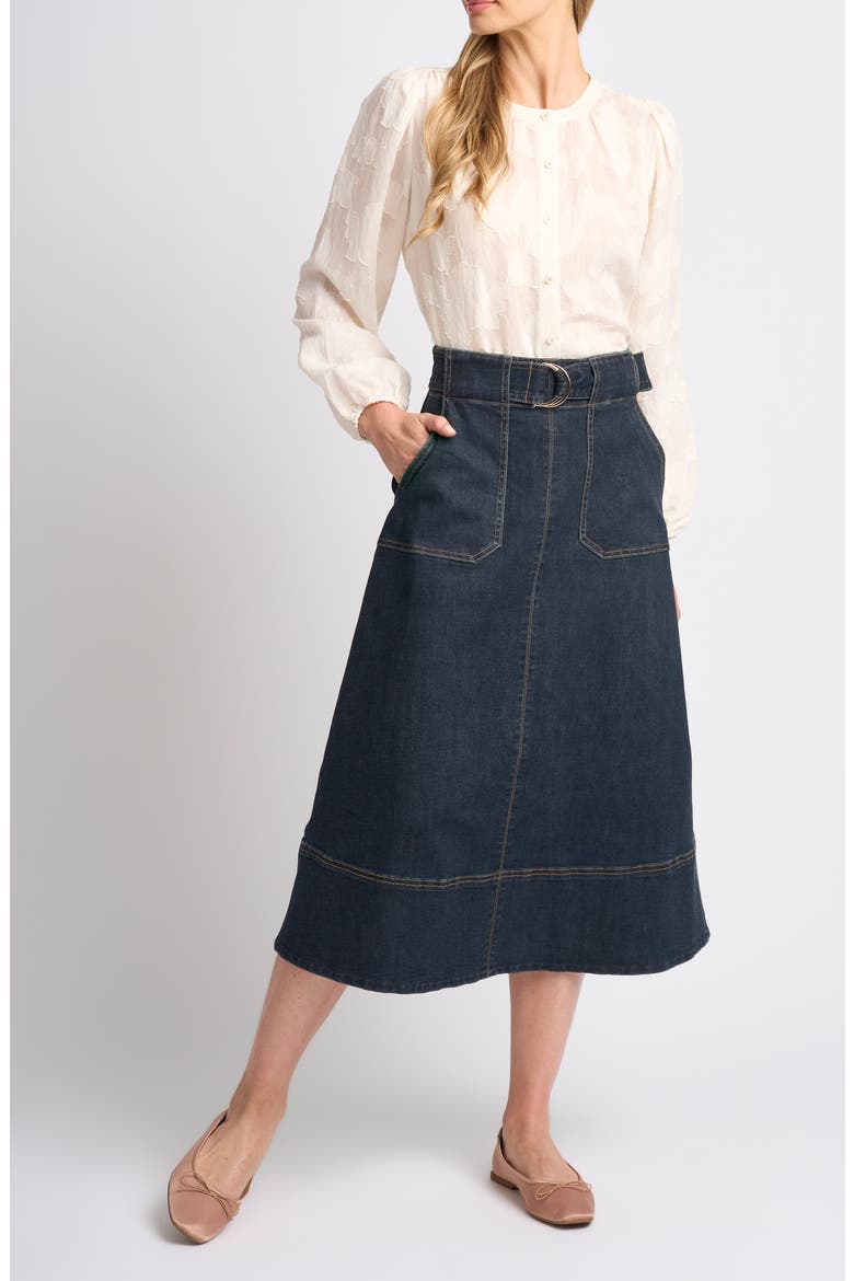 Kay High Waist Belted Midi Denim Skirt, Alternate, color, INDIGO NIGHT