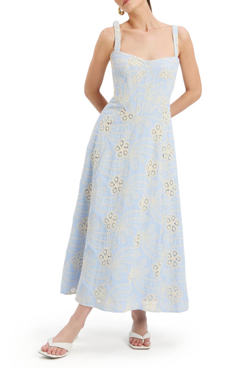 Bardot Lilah Floral Eyelet Lace Corset Midi Sundress, Main, color, 