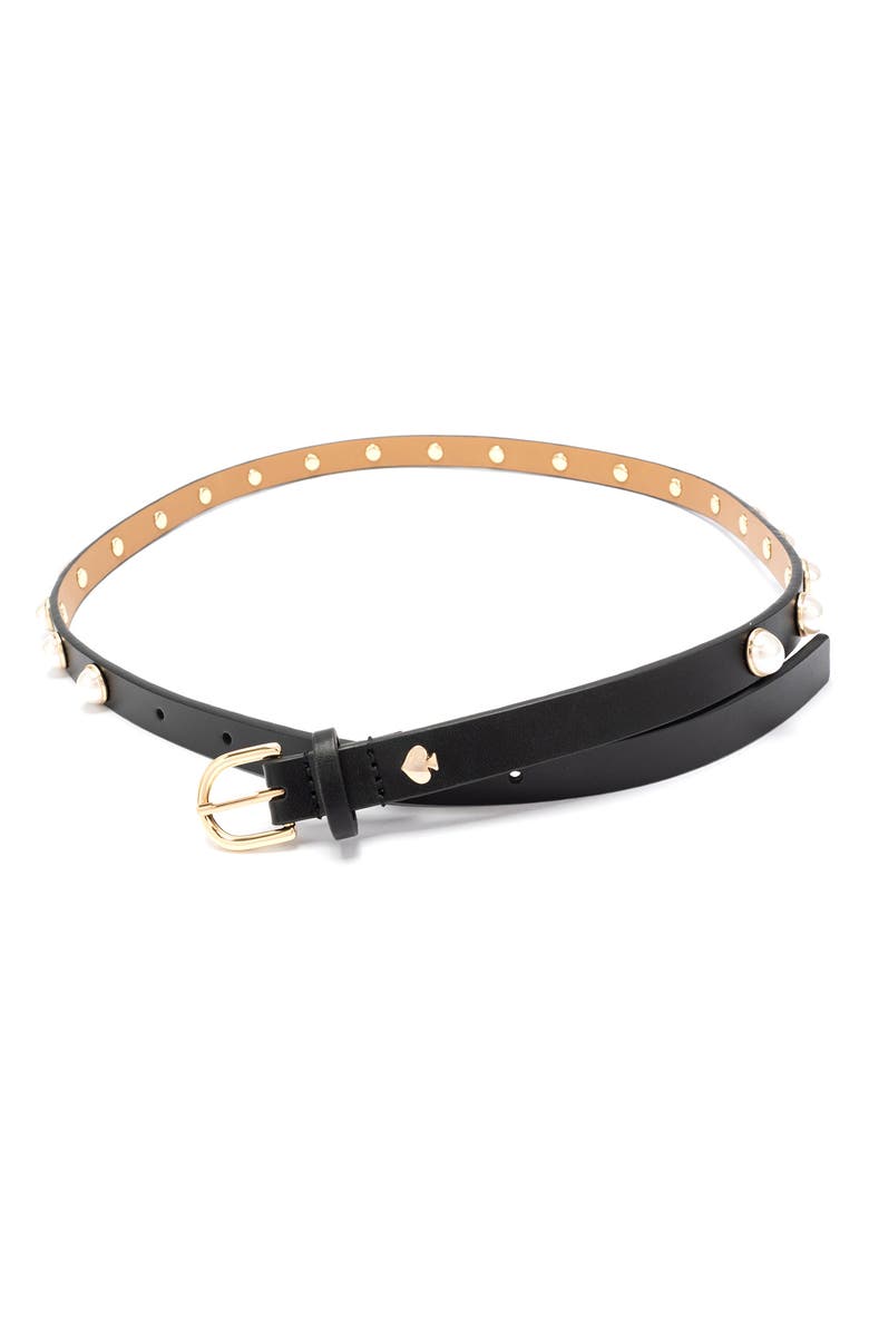 Kate Spade New York faux pearl stud leather belt, Alternate, color, Black