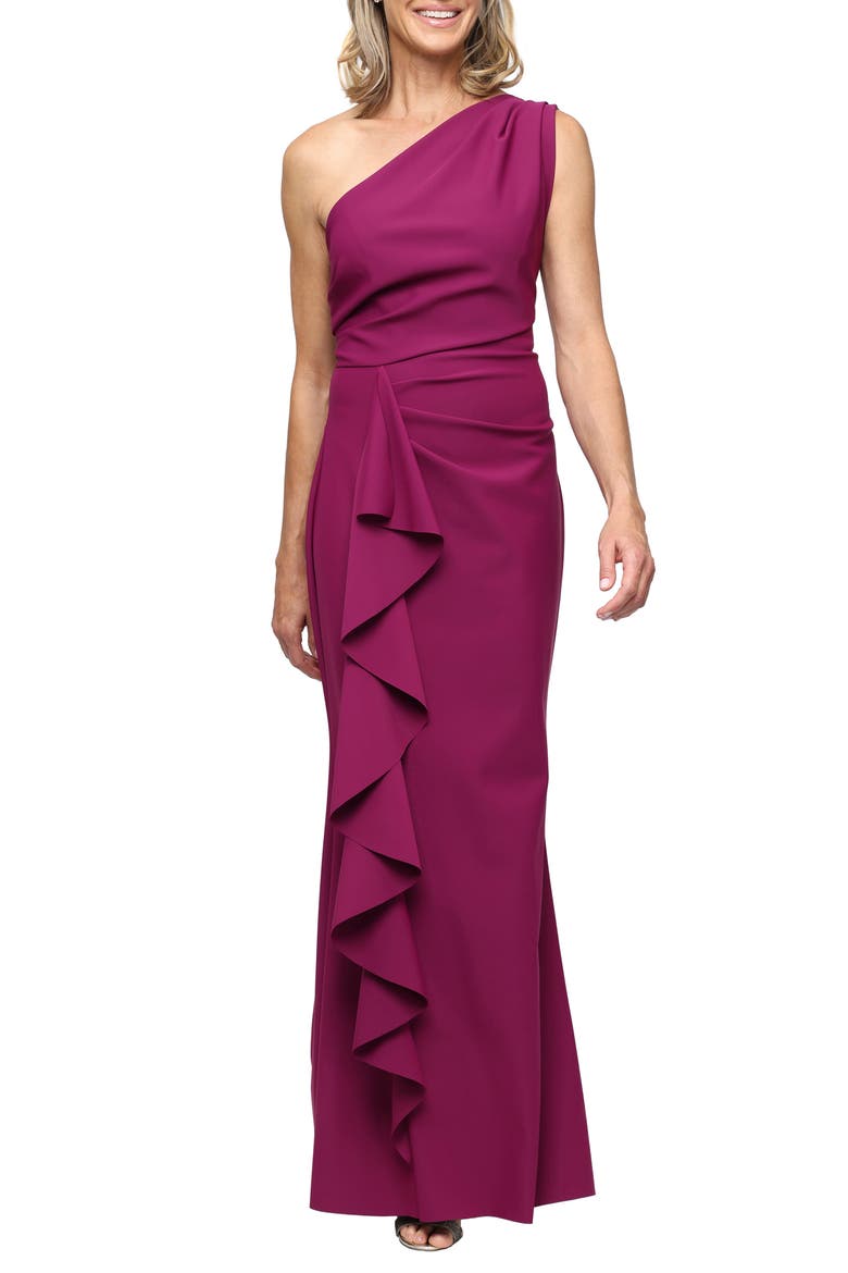 One-Shoulder Cascade Ruffle Contour Gown, Main, color, PASSION