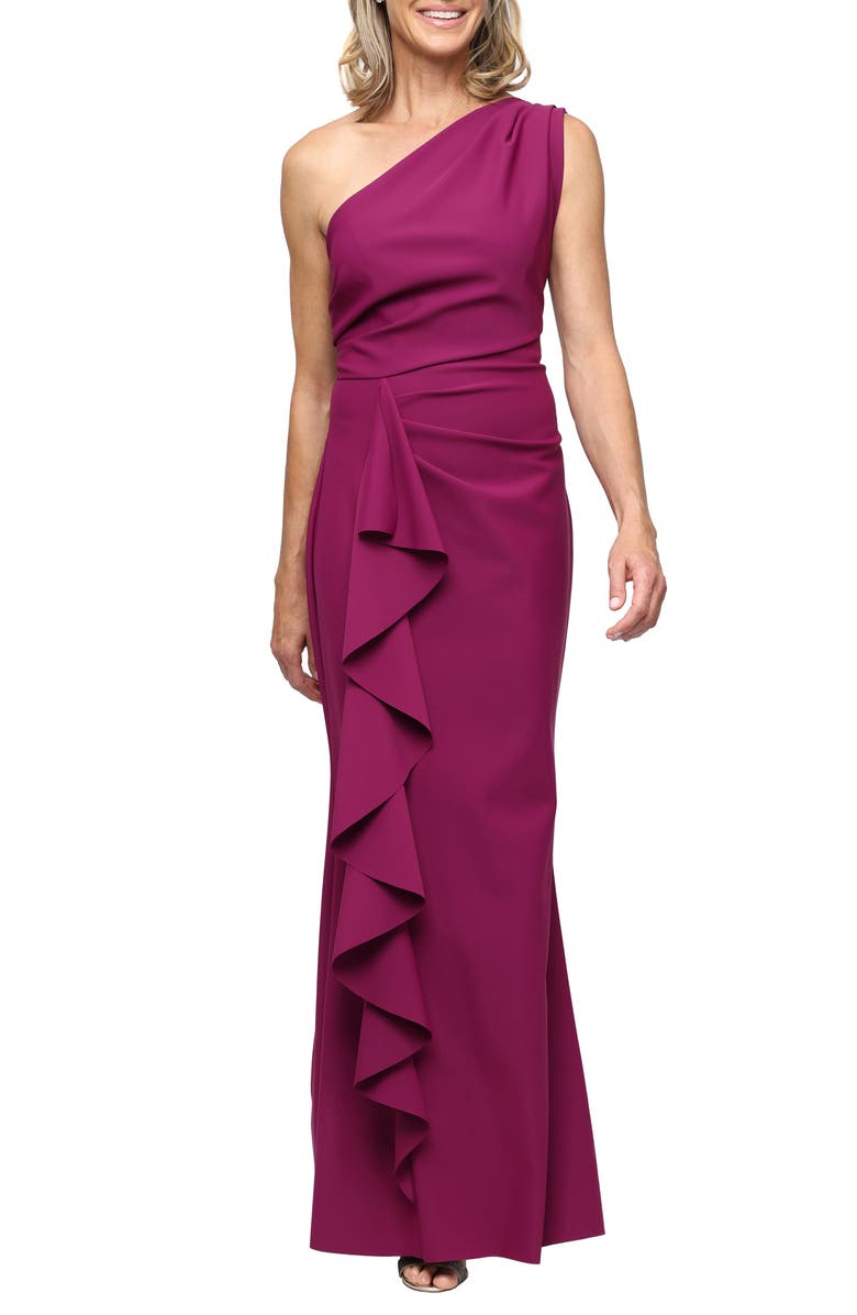 Alex Evenings One-Shoulder Cascade Ruffle Contour Gown, Main, color, Passion