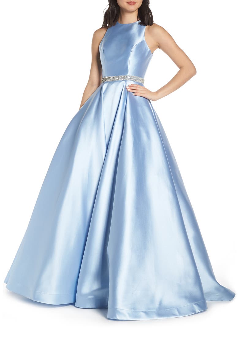 Embellished Waist Satin Ballgown, Main, color, POWDER BLUE