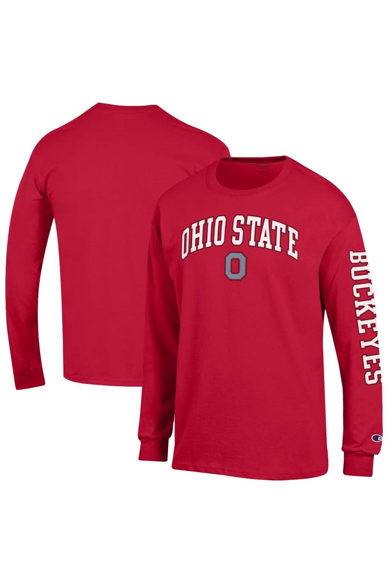 Men's Champion  Scarlet Ohio State Buckeyes Arch Over Logo 2-Hit Long Sleeve T-Shirt, Alternate, color, Scarlet
