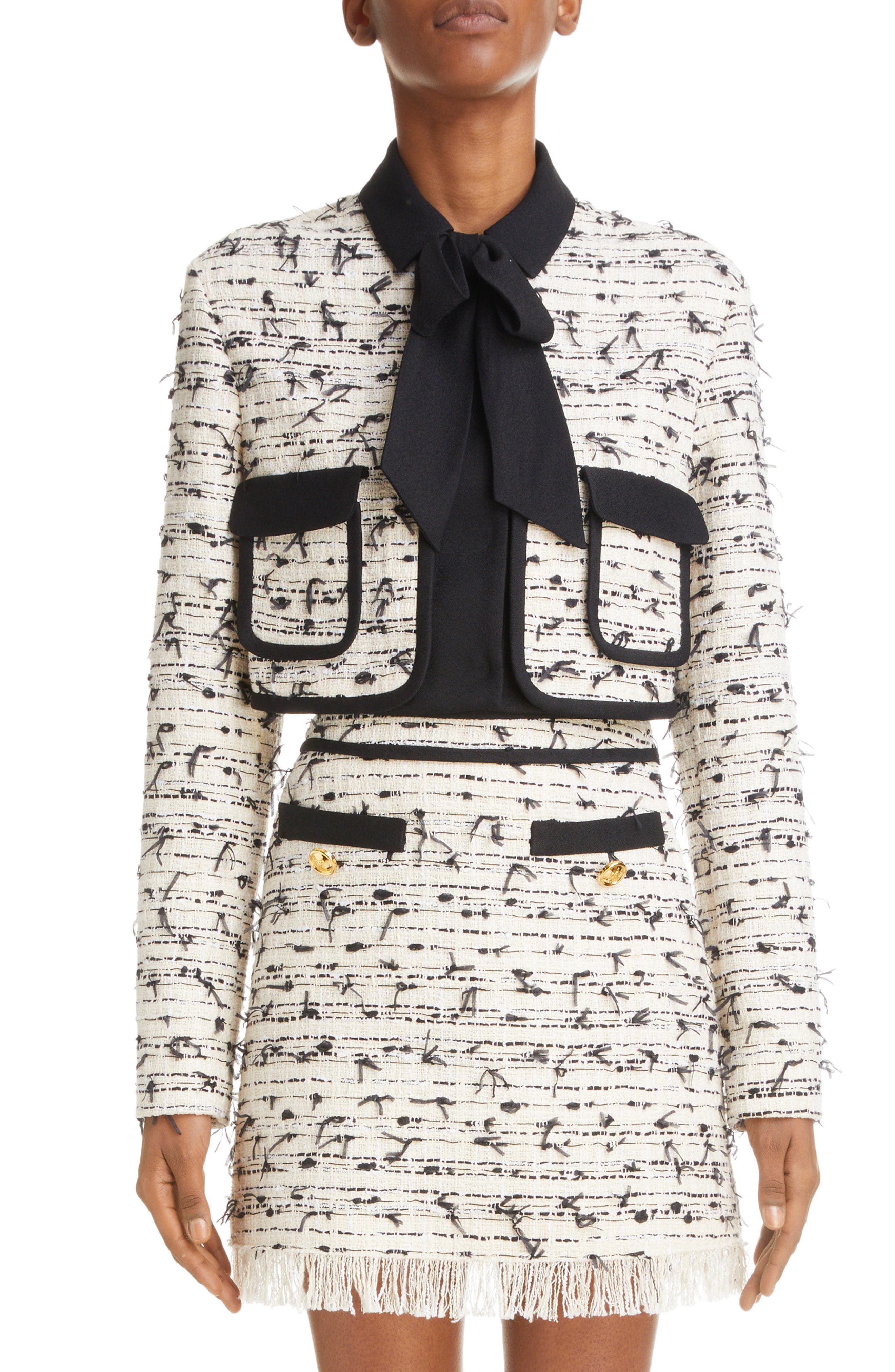 Bow Detail Bouclé Tweed Crop Jacket