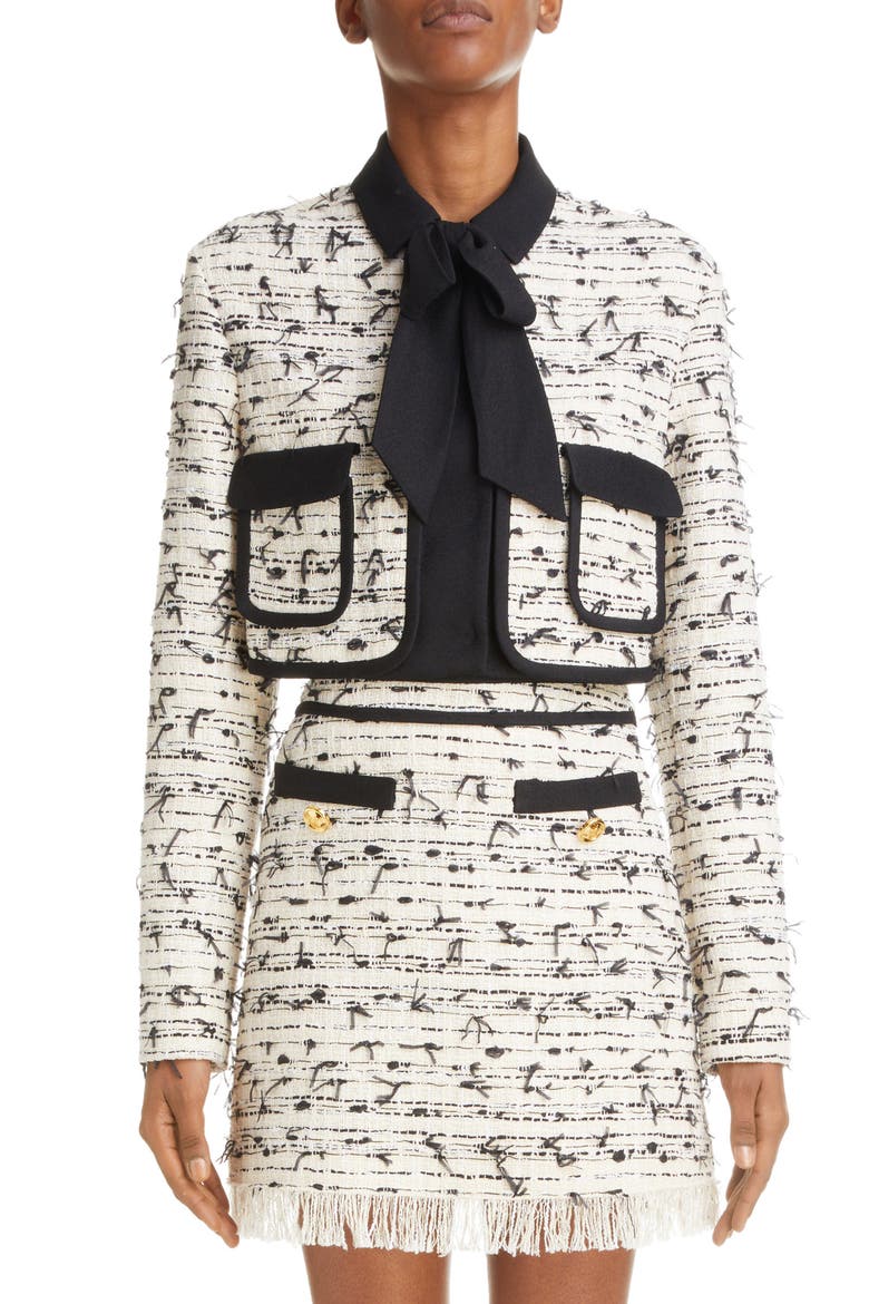 Bow Detail Bouclé Tweed Crop Jacket, Main, color, IVORY/ BLACK