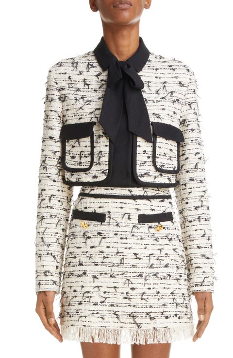 Bow Detail Bouclé Tweed Crop Jacket