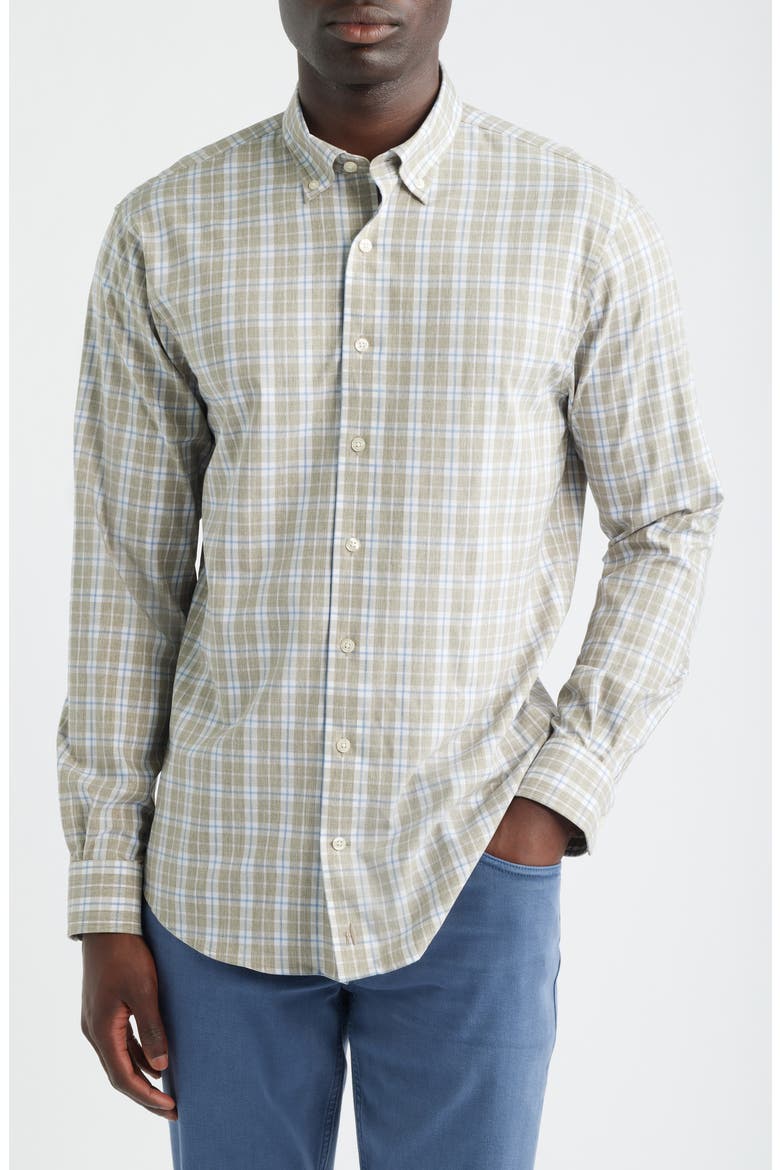 Fullington Plaid Performance Twill Button-Down Shirt, Main, color, ALMOND