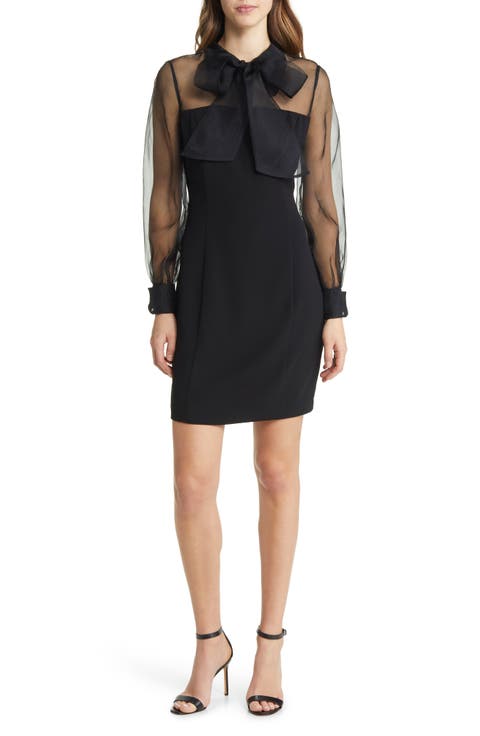 Long Sleeve Organza & Crepe Sheath Dress