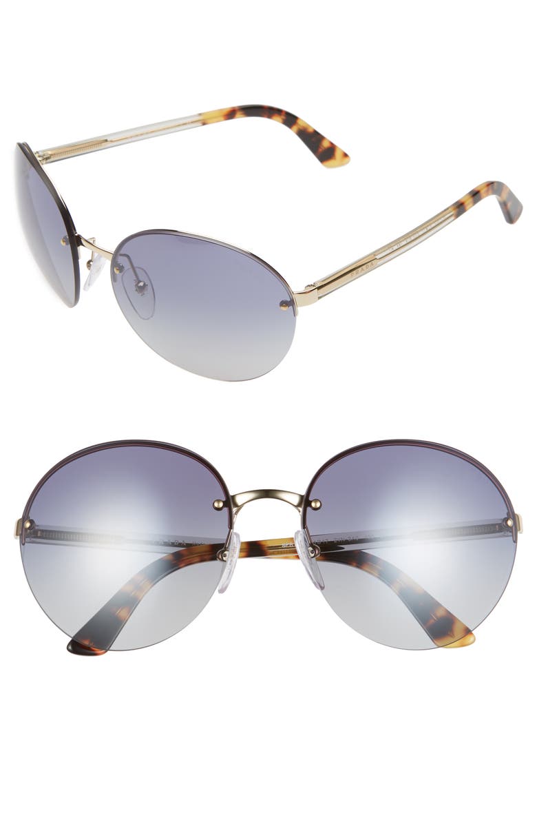 Prada 61mm Rimless Round Sunglasses, Main, color, Blue/ Gold/ Blue Mirror