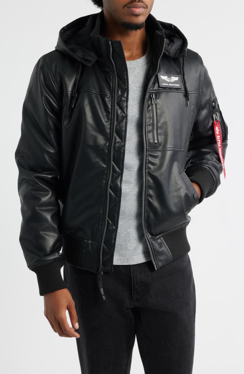 Alpha Industries Hooded Faux Leather Flight Jacket, Main, color, Black