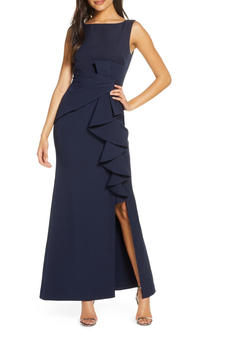 Ruffle Front Gown, Main, color, NAVY