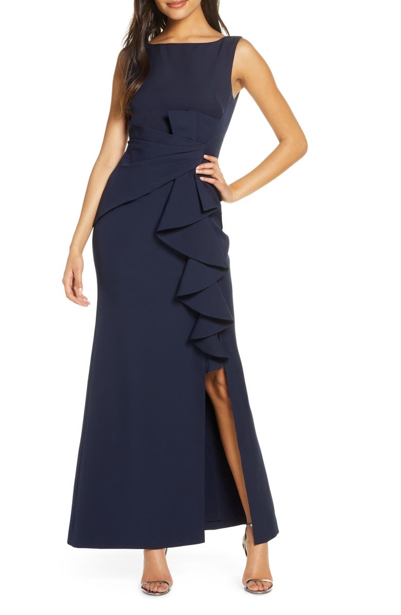 Eliza J Ruffle Front Gown, Main, color, Navy