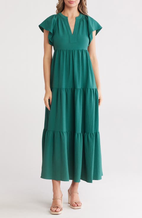 Flutter Sleeve Tiered A-Line Maxi Dress