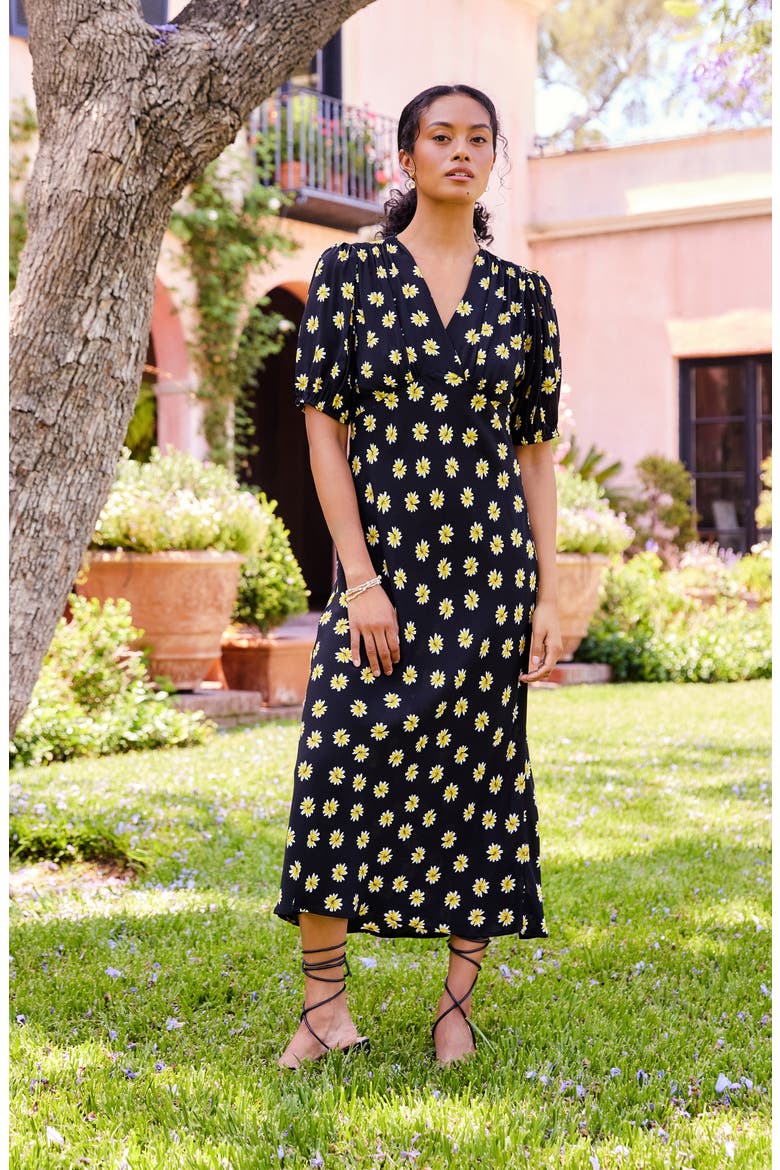 Daisy Print Puff Sleeve Midi Dress, Alternate, color, BLACK PRINT