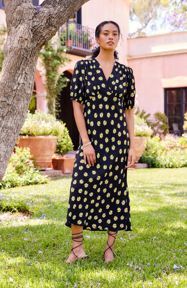 Karen Kane Daisy Print Puff Sleeve Midi Dress, Alternate, color, Black Print
