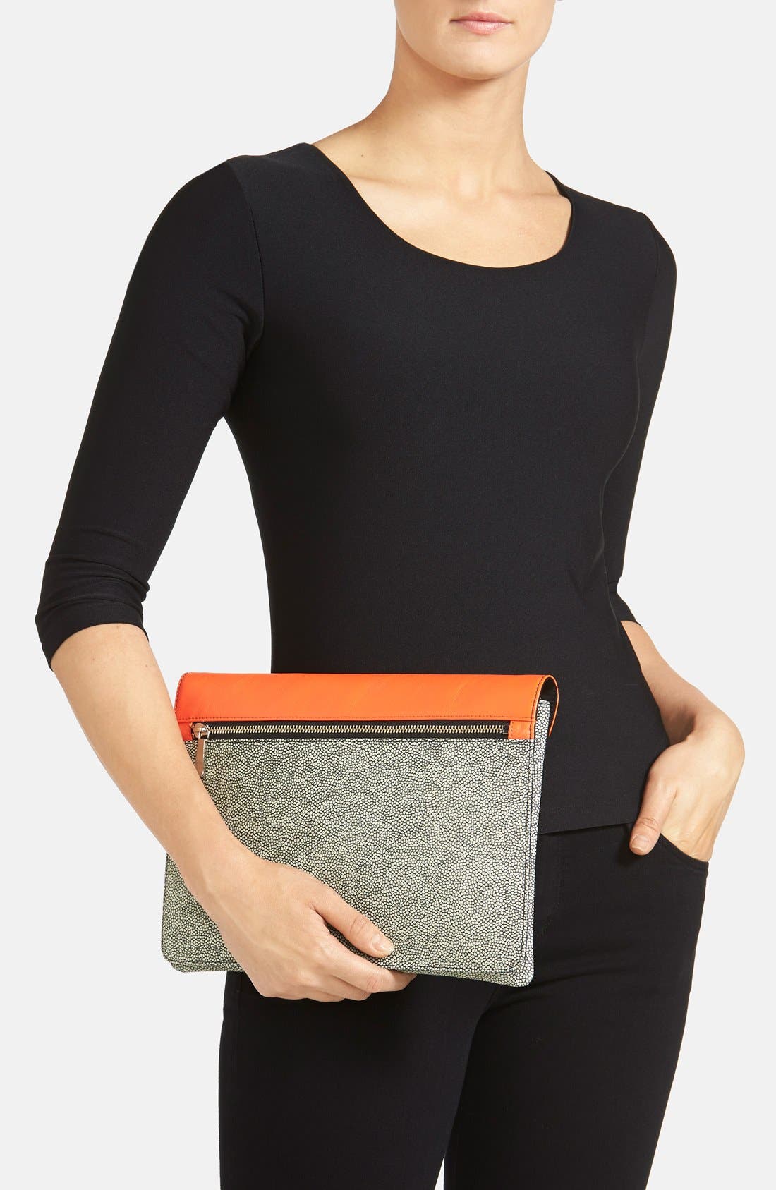 'Grab & Go' Leather Clutch, Alternate, color, RAY/ ORANGE