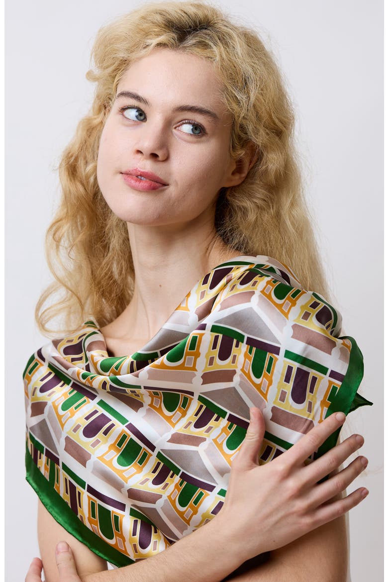 Square Arch Print Silk Bandana, Alternate, color, GREEN