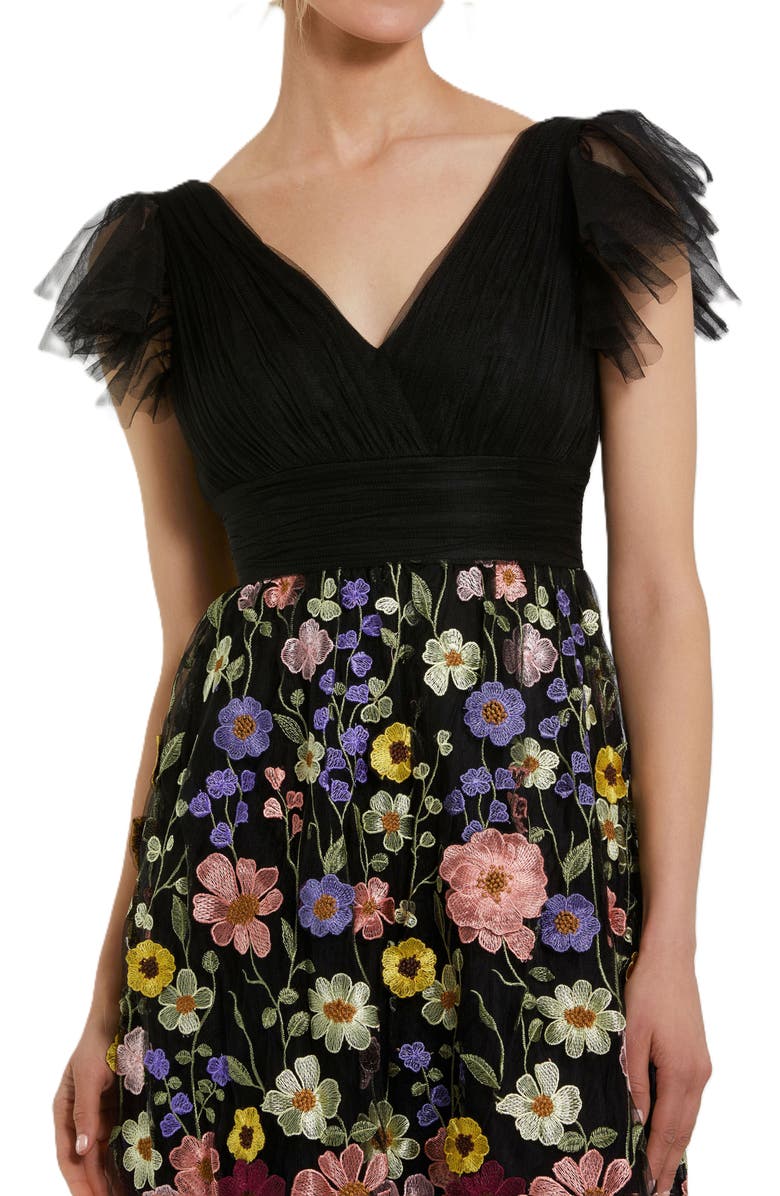 Mac Duggal Embroidered Ruched Flutter Sleeve A Line Dress, Alternate, color, Black Multi