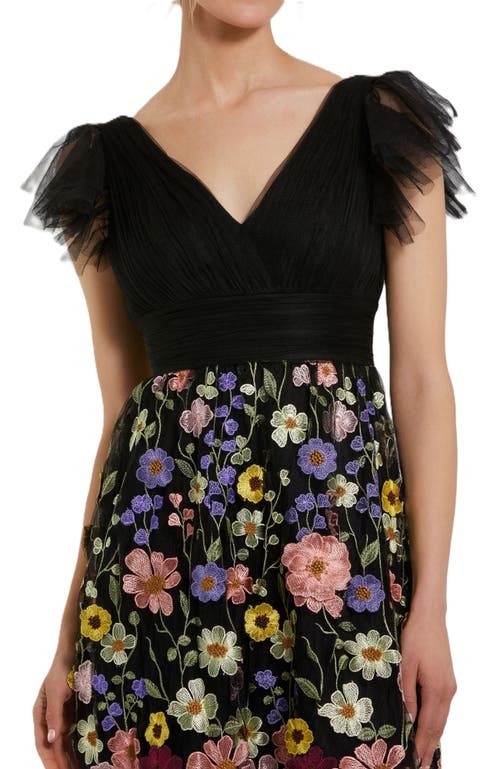 Mac Duggal Embroidered Ruched Flutter Sleeve A Line Dress In Black Multi
